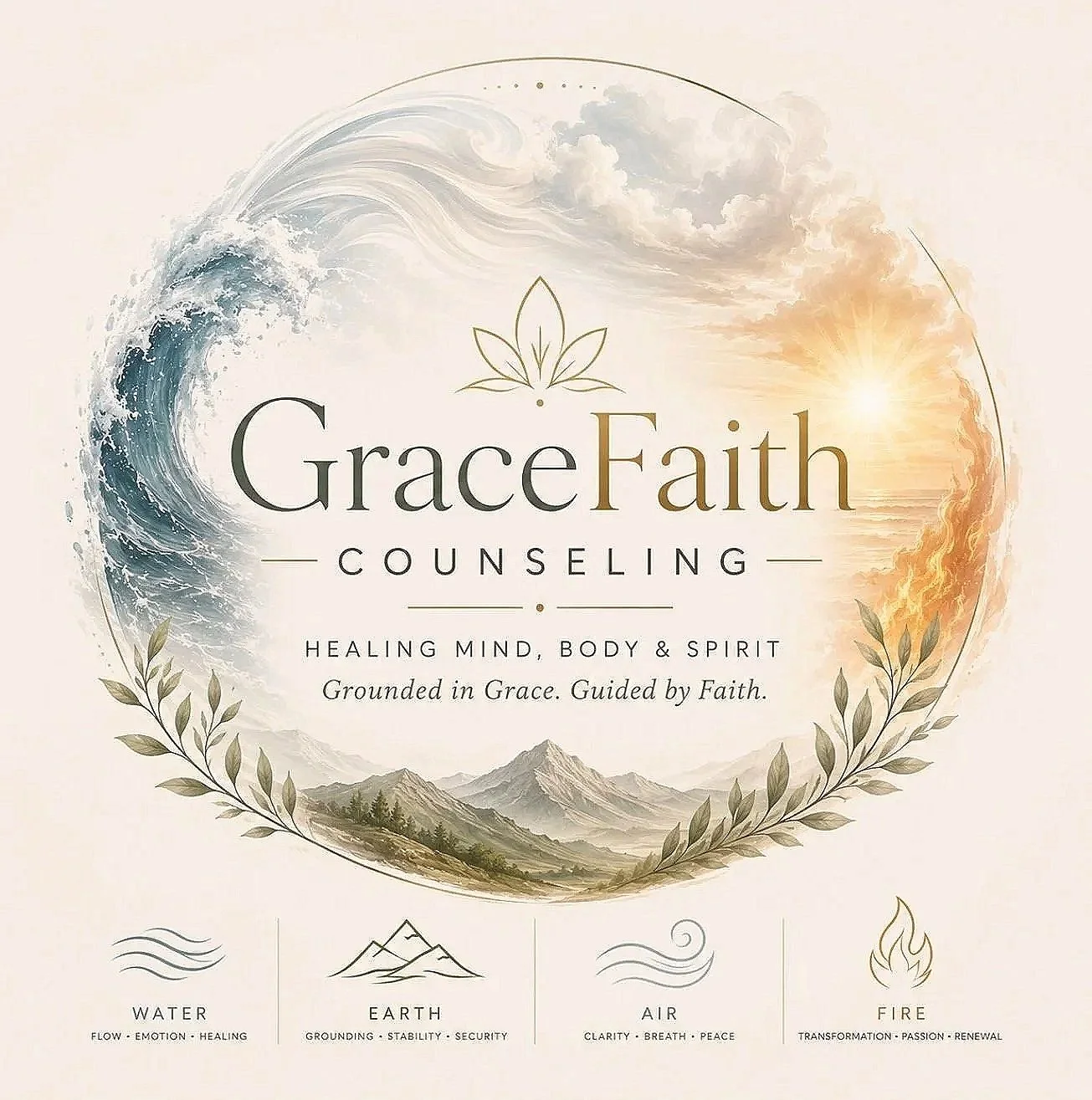 Healing mind, body, and spirit counseling service branding with a circular design depicting water, earth, air, and fire elements along with mountains and a sunset.