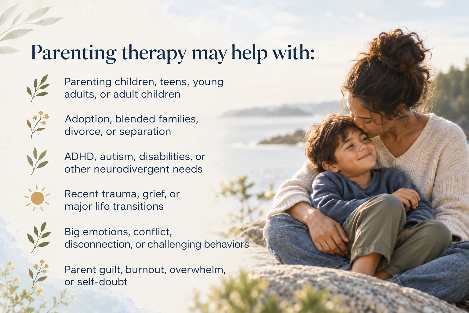 Parent counseling for parenting stress, child behavior problems, ADHD, autism, divorce, grief, trauma, burnout, and major family changes