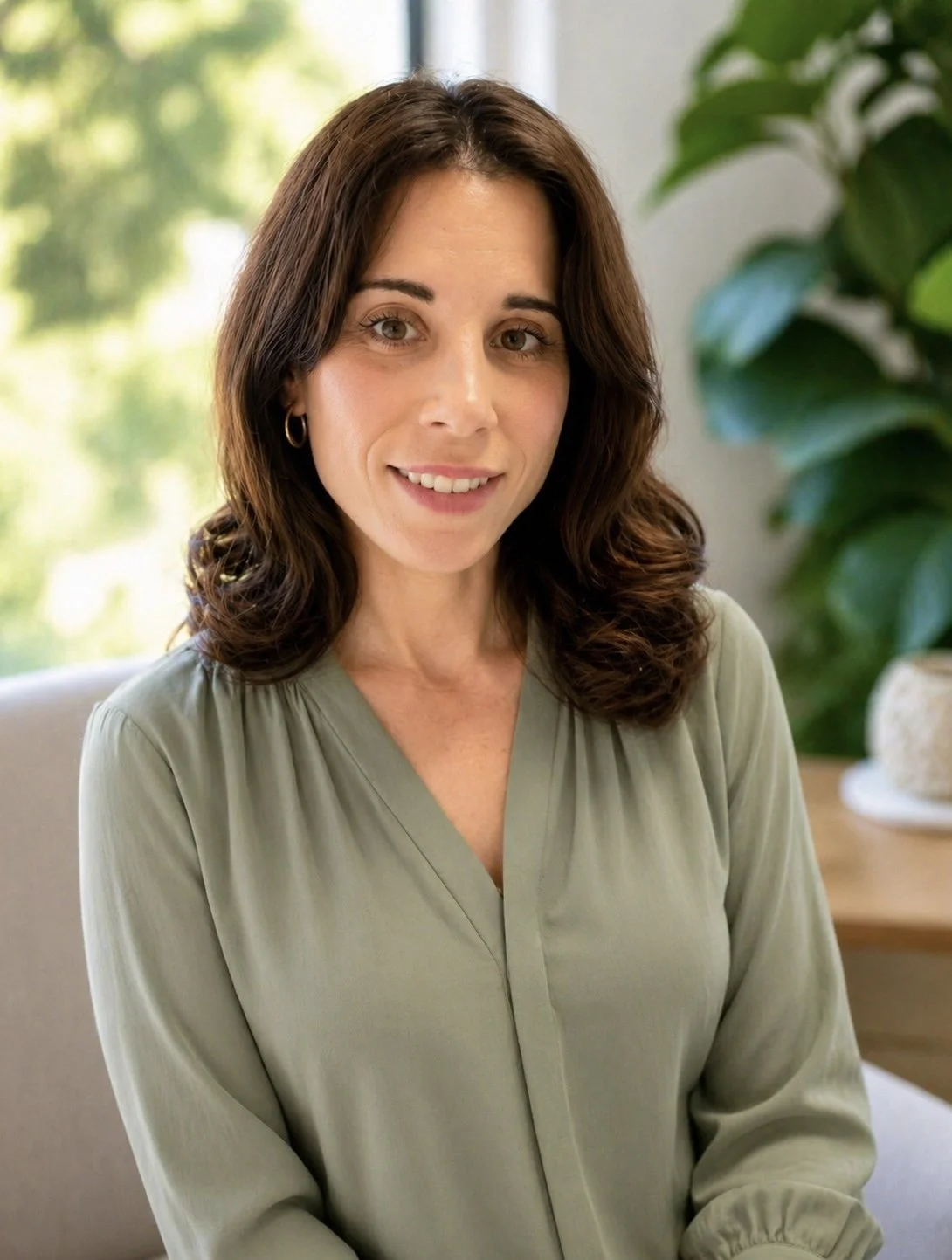 A woman with shoulder-length brown hair, wearing a light green blouse, smiling in a bright room with greenery outside the window.