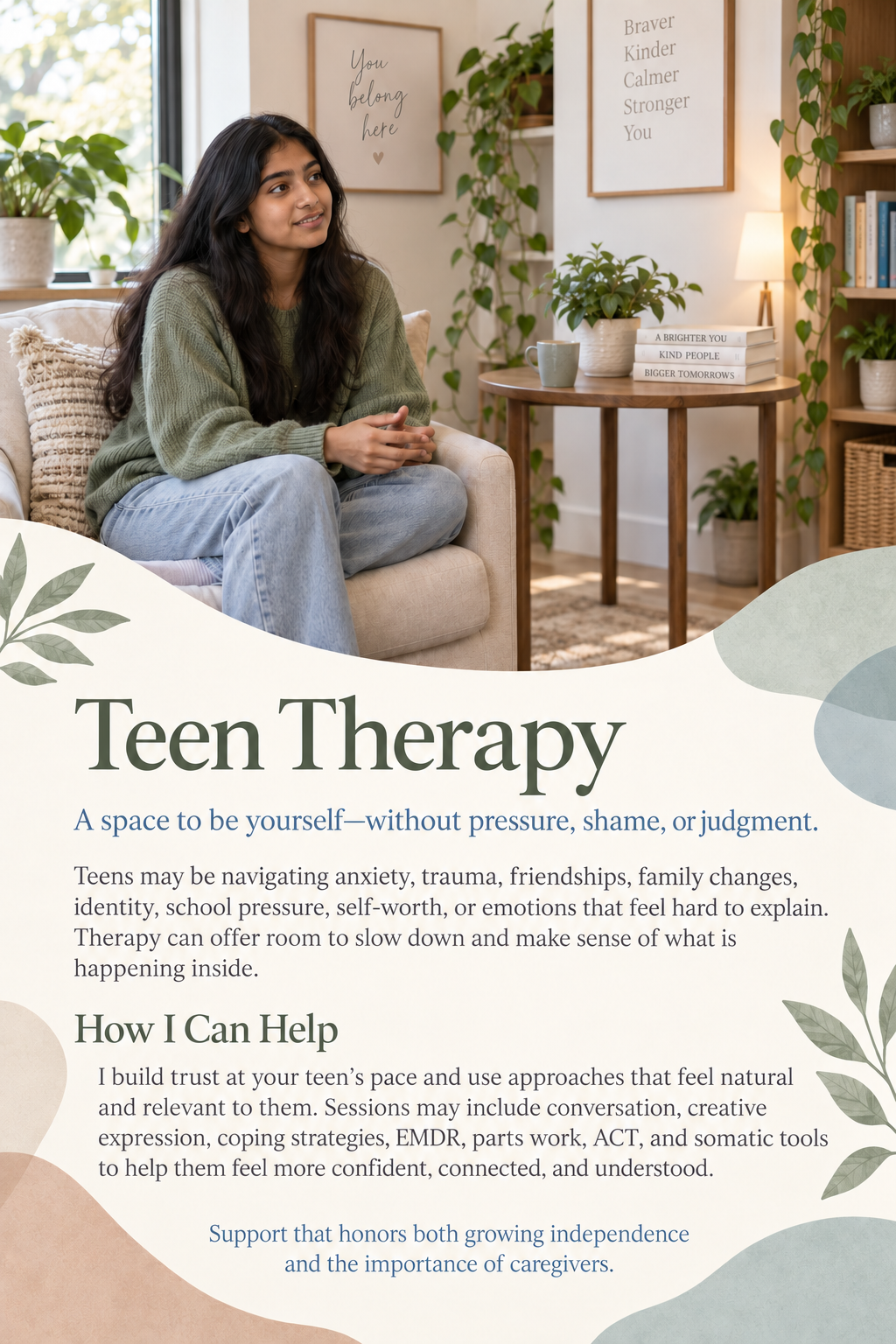 Teen in a supportive therapy session for anxiety, trauma, school stress, self-esteem, identity, and family changes in Altamonte Springs, Florida
