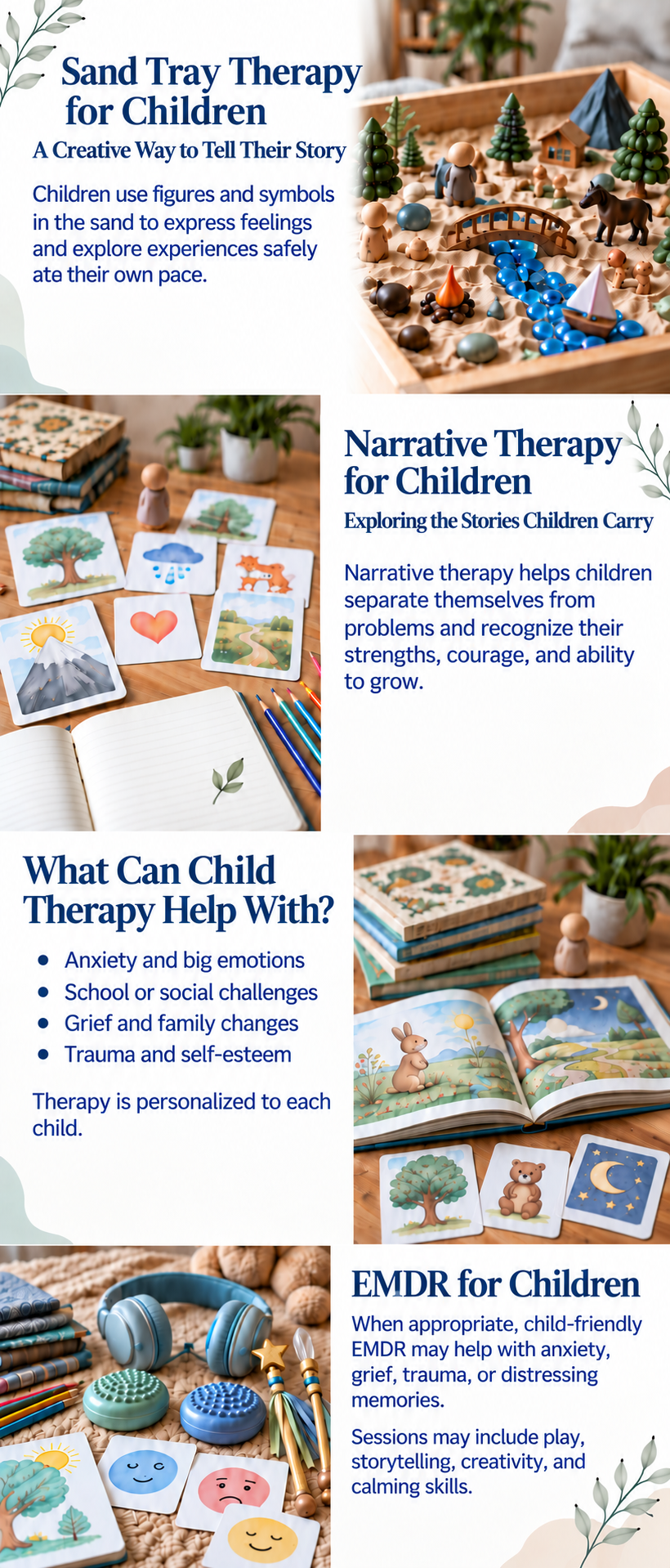 Sand tray therapy, narrative therapy, and child-friendly EMDR tools used to support children with anxiety, grief, trauma, and big emotions