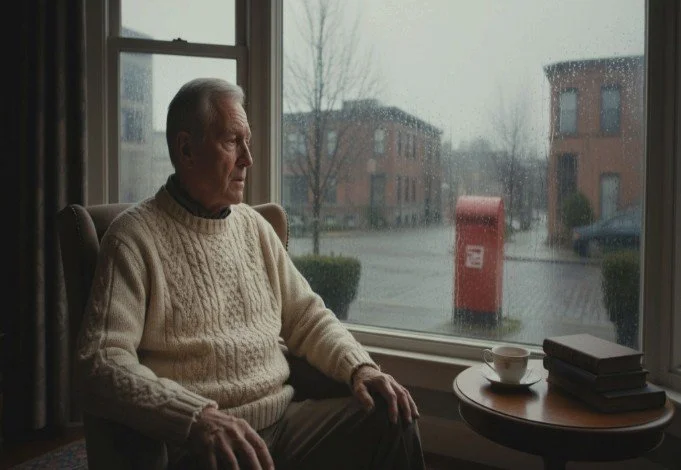 Man at window; rainy Seattle outside