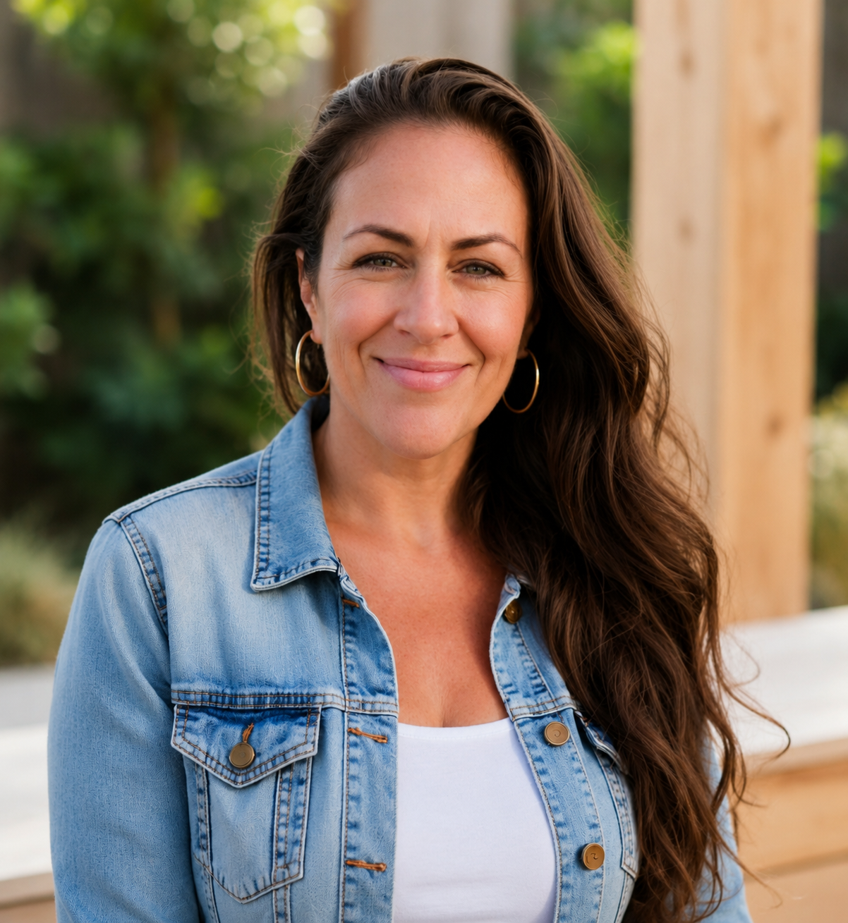 A woman with long wavy brown hair, wearing a denim jacket and hoop earrings, smiling outdoors with green foliage and wooden beams in the background.