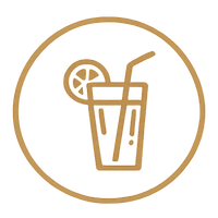 A glass of beverage with a lemon slice and a straw inside a circle