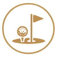 A golf course logo featuring a golf ball on a tee next to a flagstick