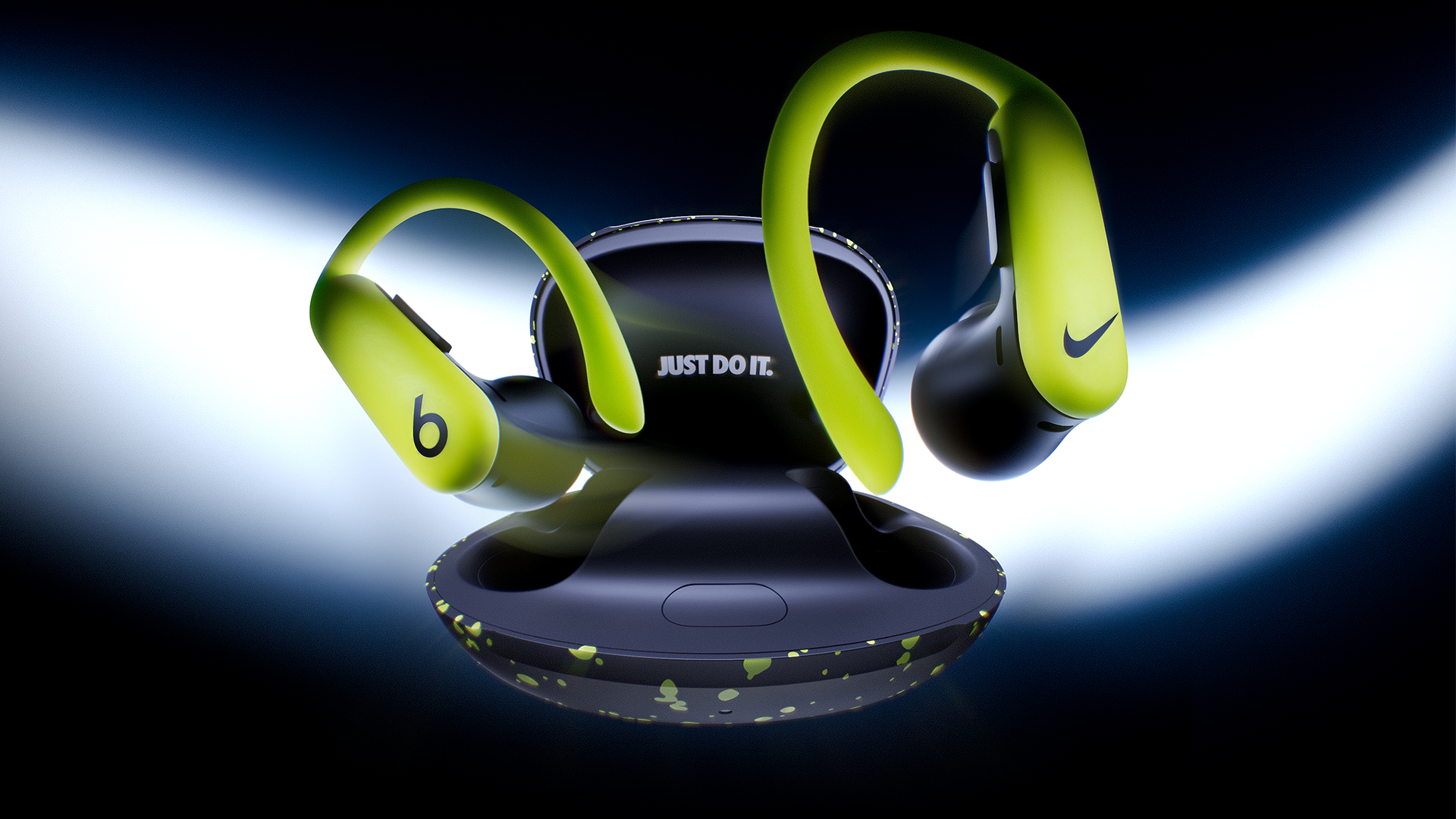 Black wireless earbuds with neon yellow accents on a charging dock, with Nike and Beats logos, against a dark background with bright light.