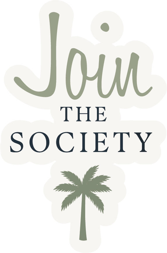 Text reading 'Join the Society' with a palm tree icon below.