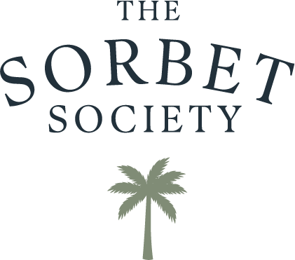 Logo for The Sorbet Society featuring stylized text above a palm tree icon.