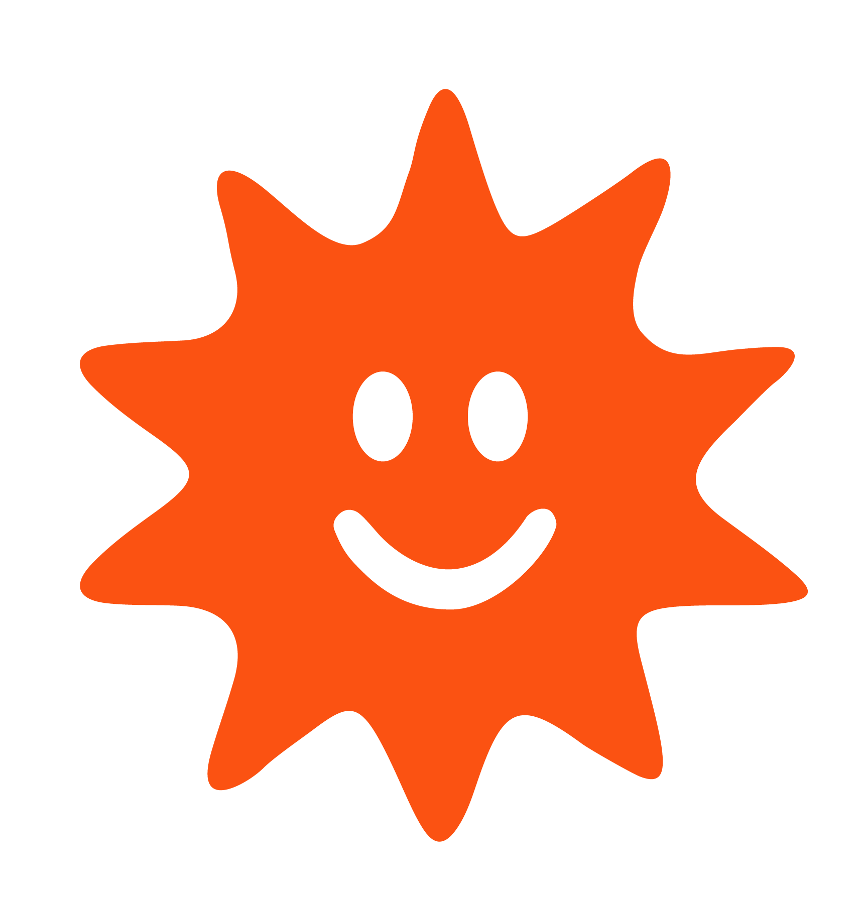 Illustration d’un visage souriant avec des yeux ovales et un sourire, entouré de formes d’étoile ou de flamme orange.