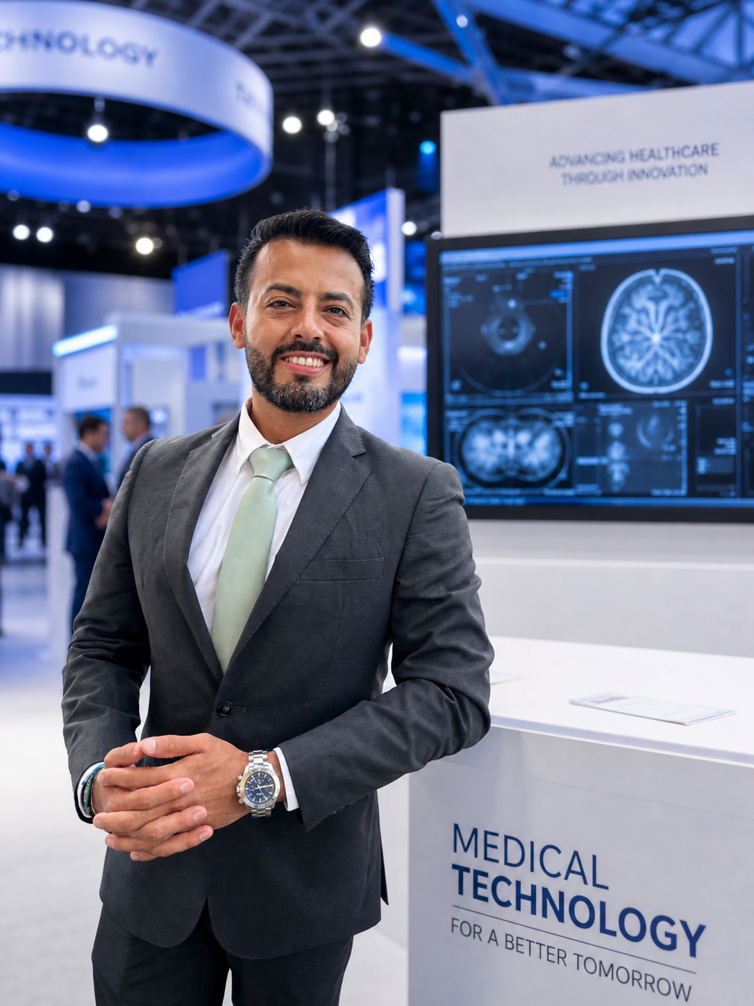 Man in a suit standing at a medical technology exhibition with medical imaging screens in the background.