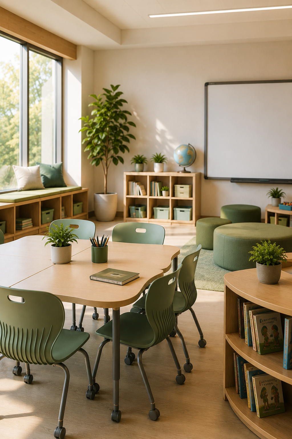 Bright classroom with large windows, green chairs around a wooden table, bookshelves with books and plants, a whiteboard, and cozy seating area with poufs and cushions.