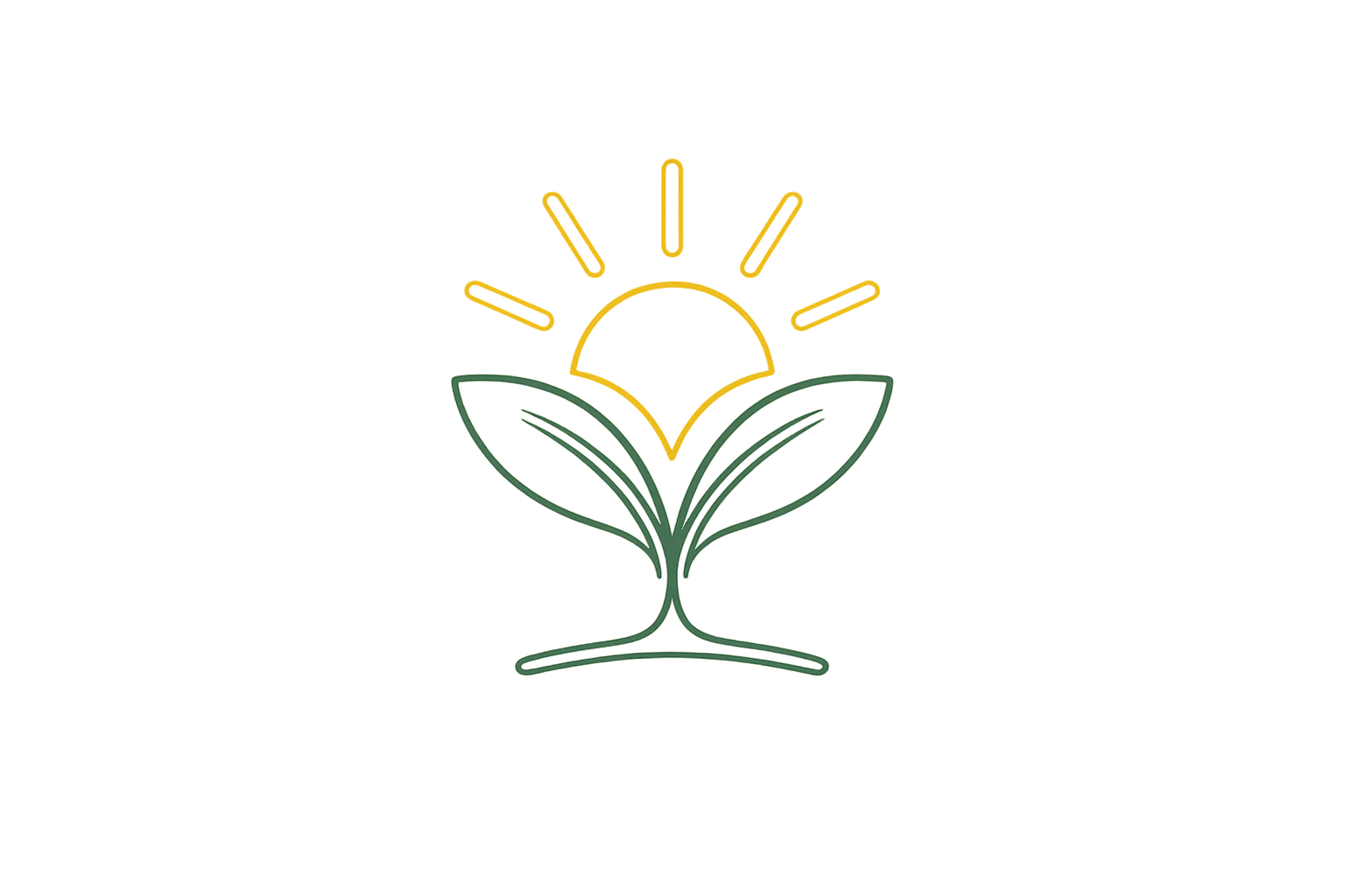 Neon sign of a stylized flower with a sun rising behind it, with yellow rays and green leaves.