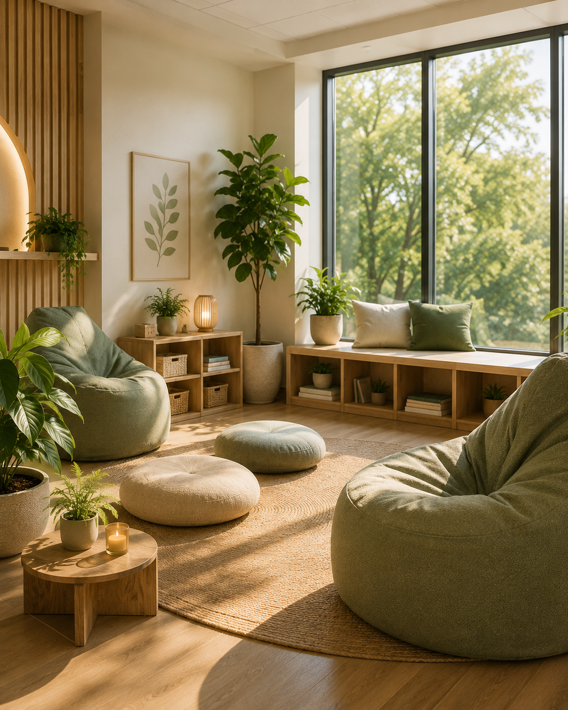 Bright living room with large window overlooking trees, green bean bag chairs, round cushions, potted plants, woven rug, wooden shelving, and minimalist decor.