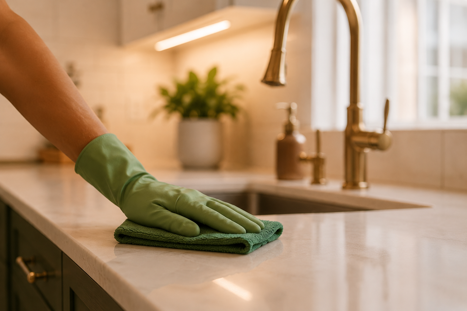 Person wearing green cleaning gloves wiping a kitchen countertop with a green cloth near a sink and window.