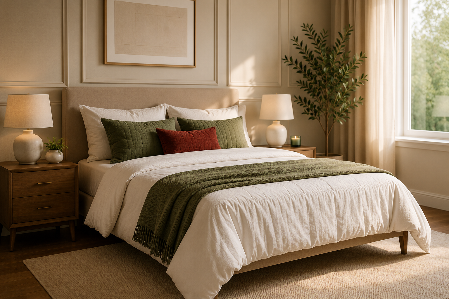 A neatly made bed with white sheets, green and red pillows, a green throw blanket, and a beige padded headboard in a bedroom. Two wooden nightstands with lamps, a small plant, and a candle are on either side. A large window with beige curtains and a tall leafy plant are visible in the background.