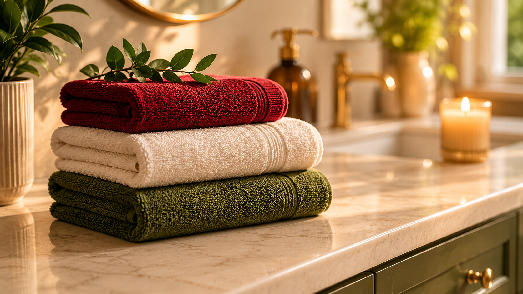 Stacked folded towels in red, white, and green on a marble countertop in a bathroom, with a plant, a candle, and bathroom fixtures in the background.