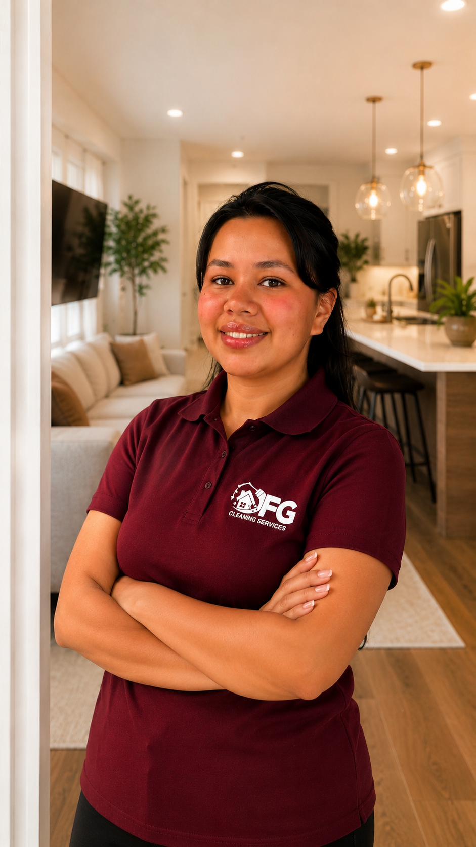 A woman in a maroon polo shirt with the logo 'DFG Cleaning Services' stands with arms crossed inside a modern, well-lit home.