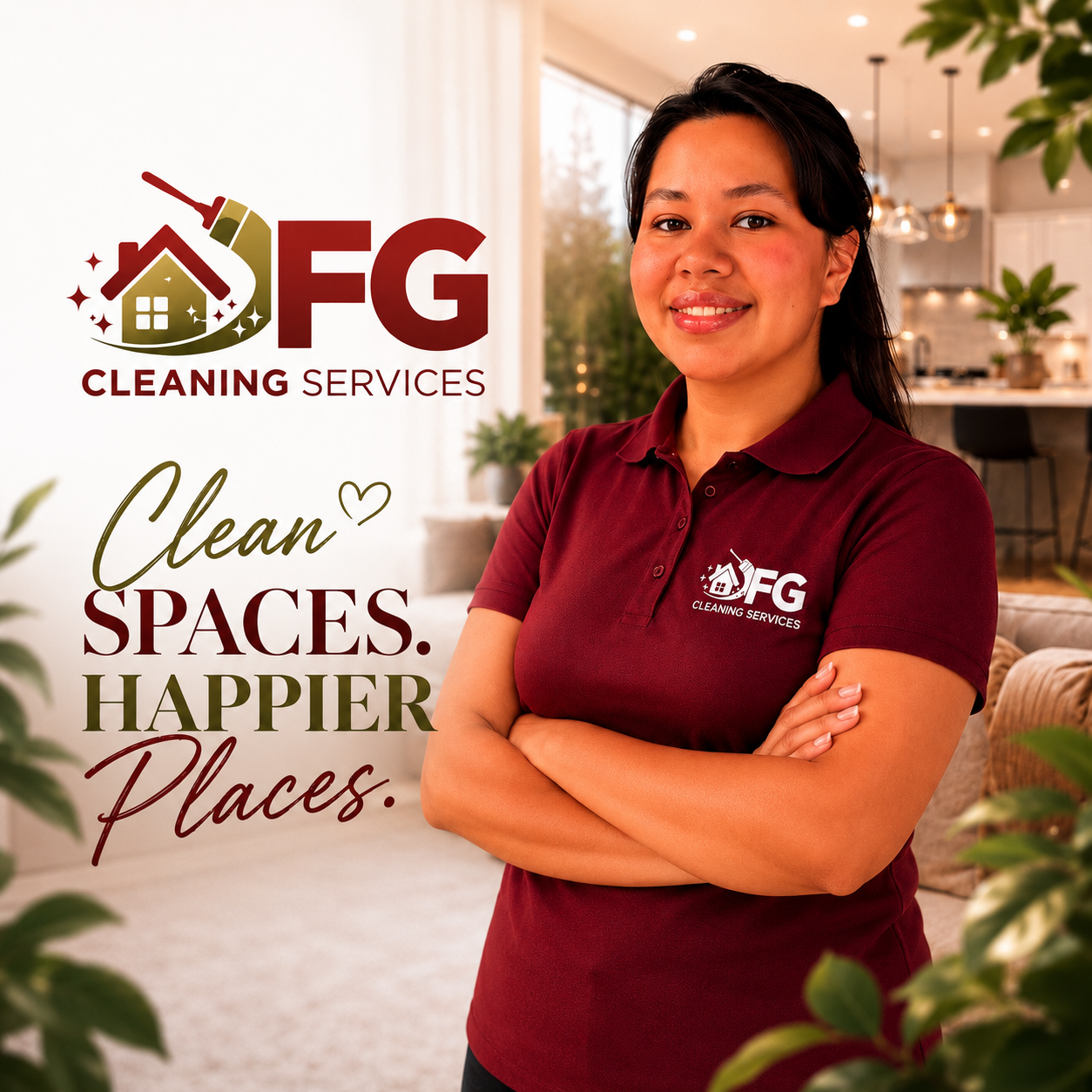 A woman in a maroon polo shirt with the logo of FG Cleaning Services stands indoors with arms crossed, smiling. The background shows a modern, well-lit living area with plants and kitchen elements. Text on the image reads, 'FG Cleaning Services. Clean spaces. Happier places.'