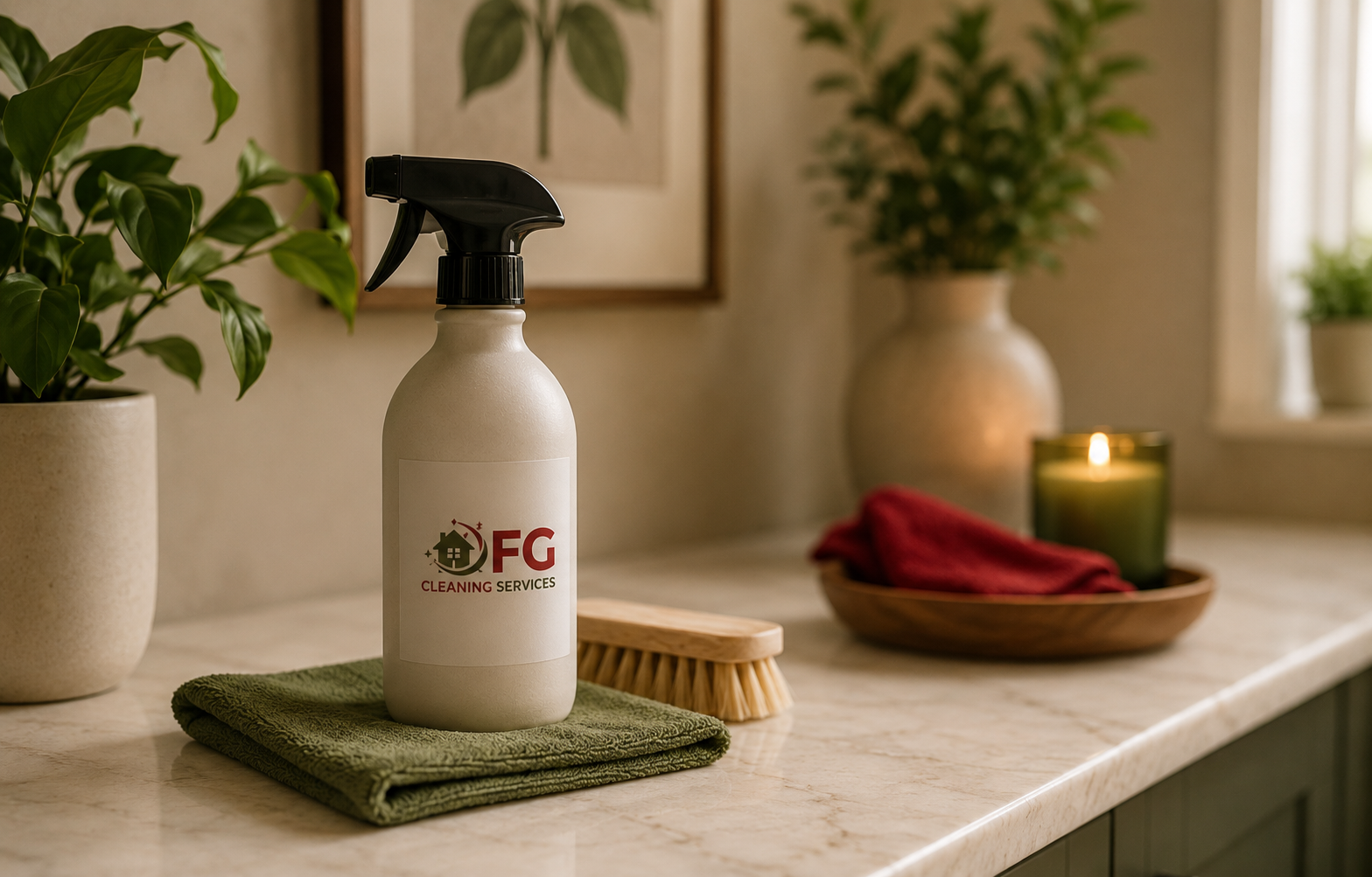 Cleaning spray bottle labeled 'FG Cleaning Services' rests on a green cloth on a kitchen counter, with plants, a candle, and a framed plant print in the background.