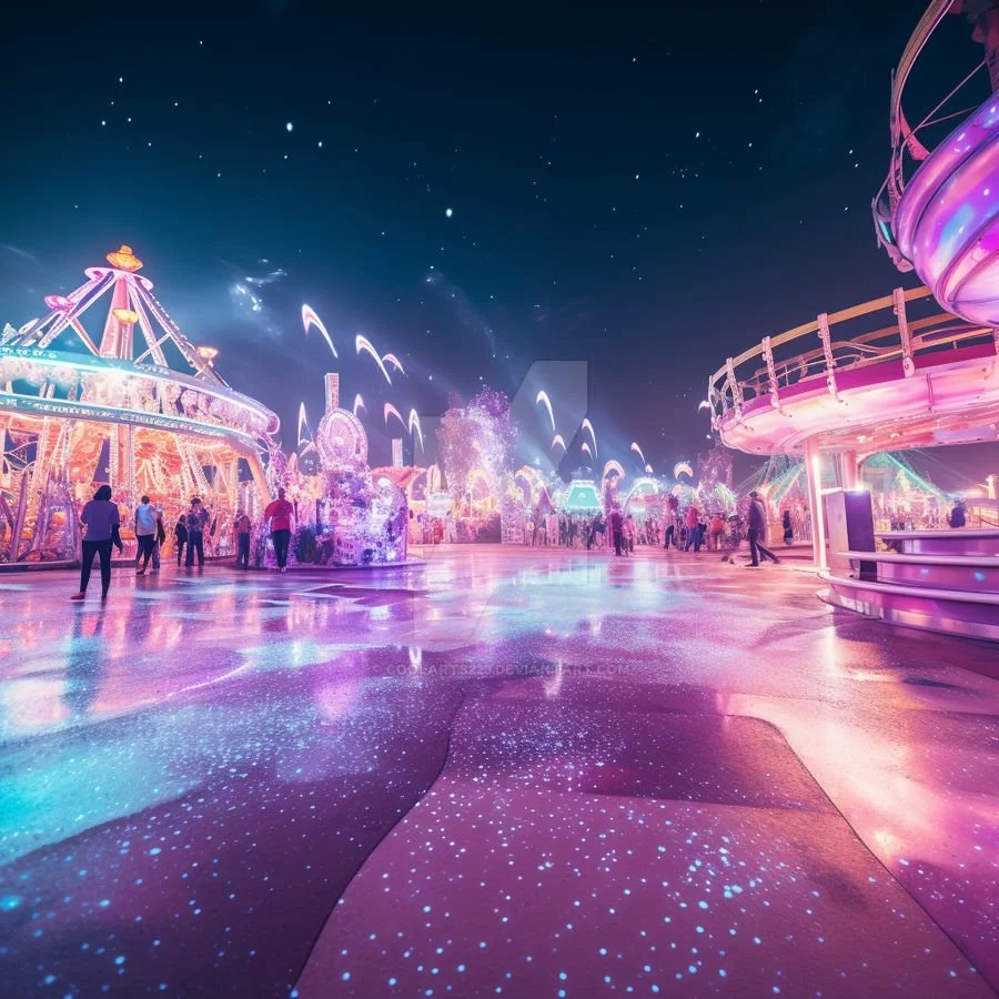 Futuristic amusement park at night with neon lights and attractions