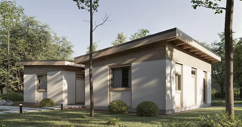 Modern single-story house with flat and angled roof, surrounded by trees and greenery.