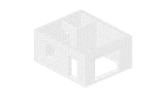 3D wireframe illustration of a small brick building with doorways and window openings.