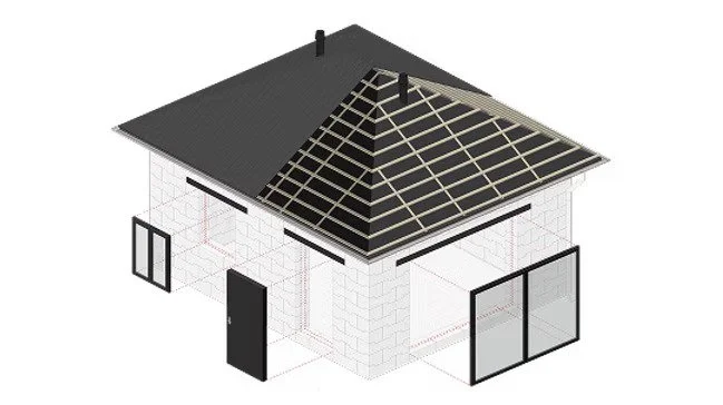 A digital illustration of a house with a partially completed roof, showing the roof's framing structure and a nearby single-story building with windows and a door.