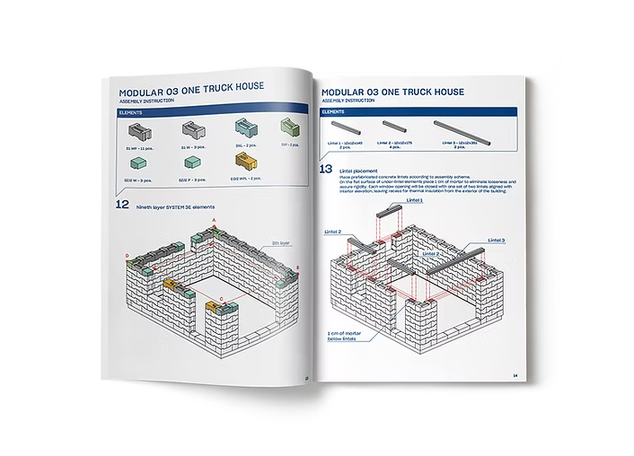 Open instruction manual showing modular truck house construction, with diagrams of wall elements, installation steps, and layered brick layout.