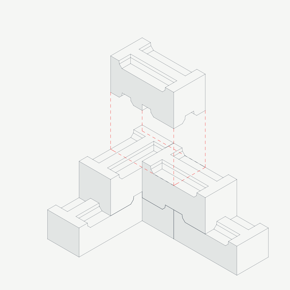 Isometric technical drawing of a mechanical assembly with interlocking rectangular components.