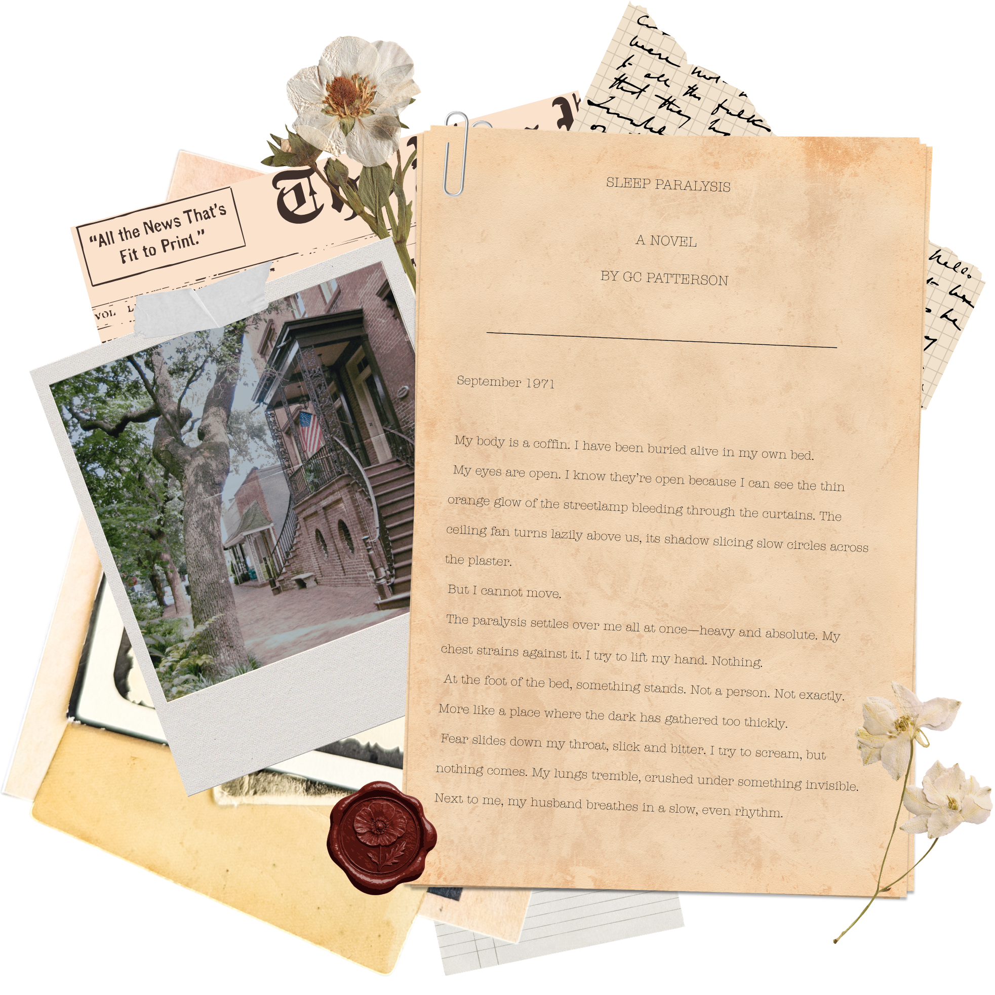 A collection of vintage papers, a dried flower, a photograph of a building with trees, and a wax seal with a flower imprint, arranged on a yellowish surface.