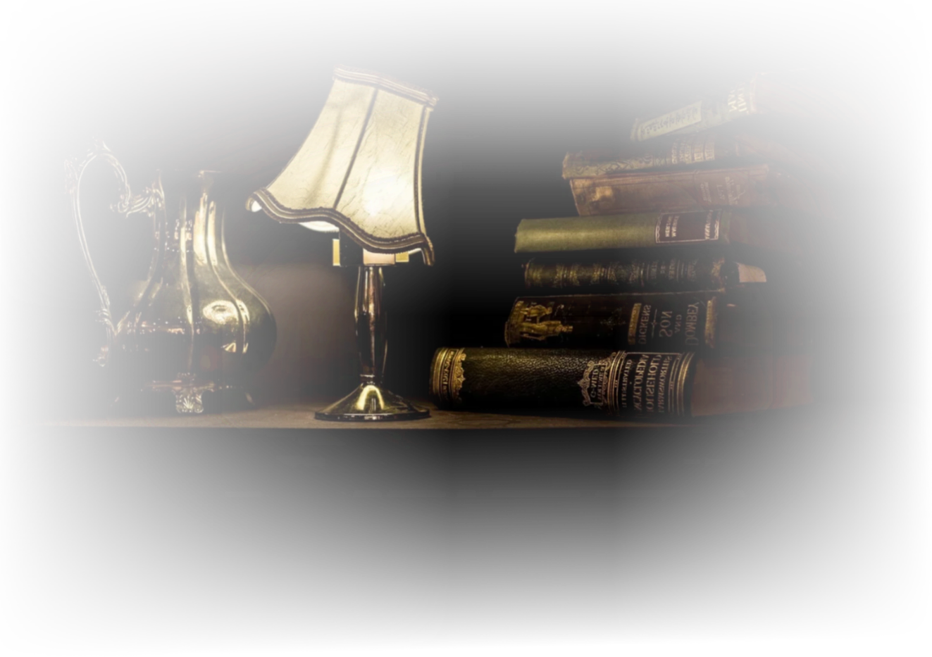A dimly lit scene with a vintage brass pitcher, a small table lamp with a fabric shade, and a stack of old hardcover books on a dark surface.