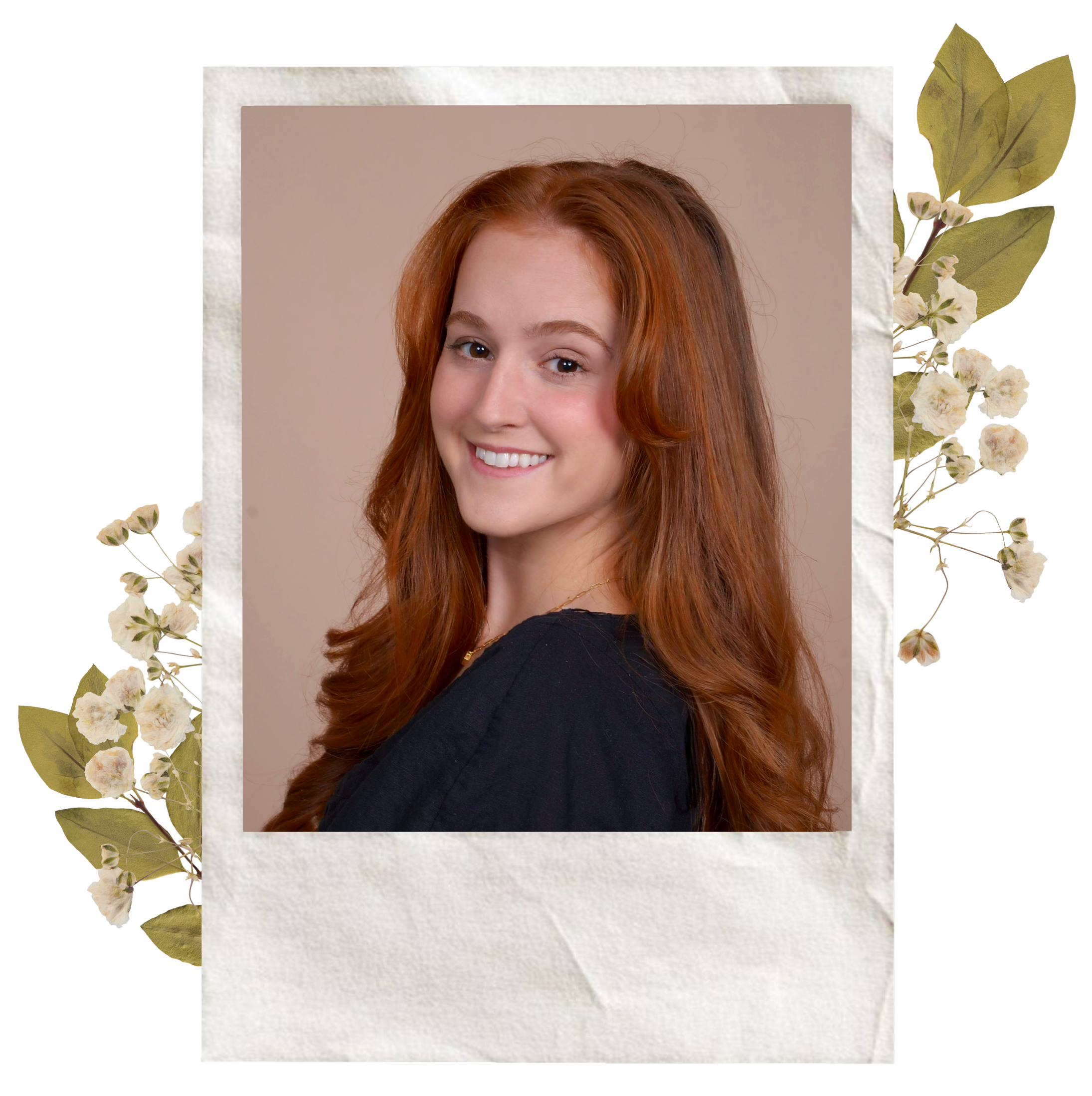 Close-up of a woman with red hair smiling, surrounded by floral decorations, layered over textured paper.
