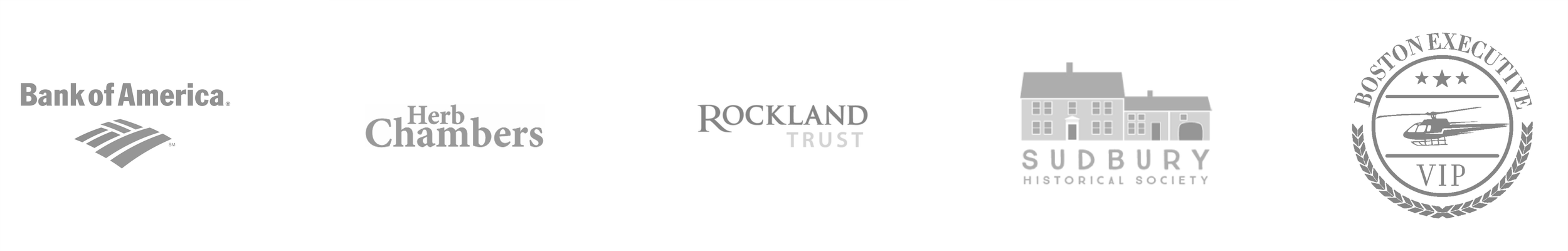 Logos of various organizations, including Bank of America, Herb Chambers, Rockland Trust, Sudbury Historical Society, and Boston Executive VIP, displayed in grayscale.
