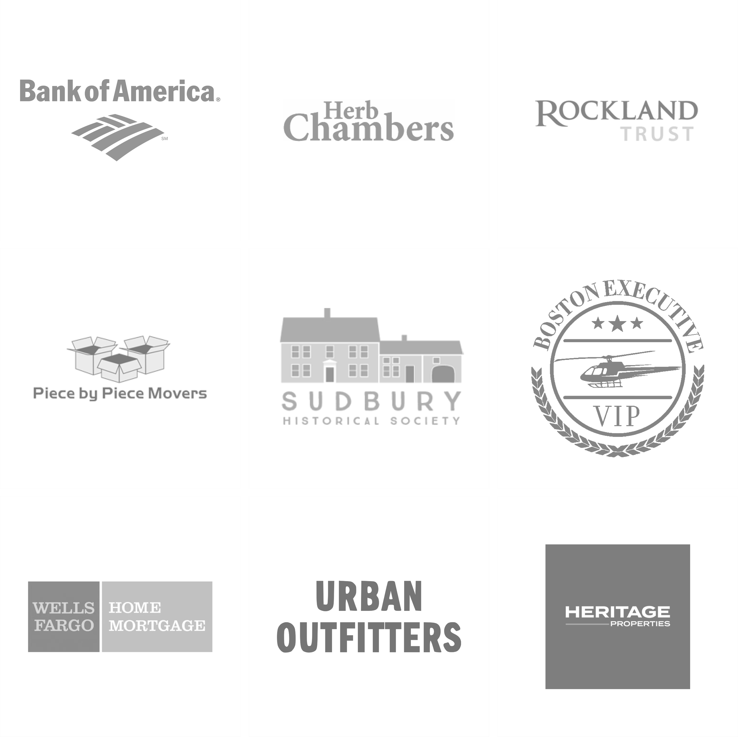 Collection of grayscale logos of various organizations and businesses, including Bank of America, Herb Chambers, Rockland Trust, Piece by Piece Movers, Sudbury Historical Society, VIP helicopter service, Wells Fargo, Home Mortgage, Heritage Properties, and an airport logo.