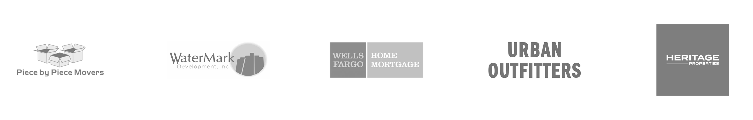 Collection of logos for different companies including Piece by Piece Movers, WaterMark Development, Wells Fargo, Home Mortgage, Urban Outfitters, and Heritage Properties.