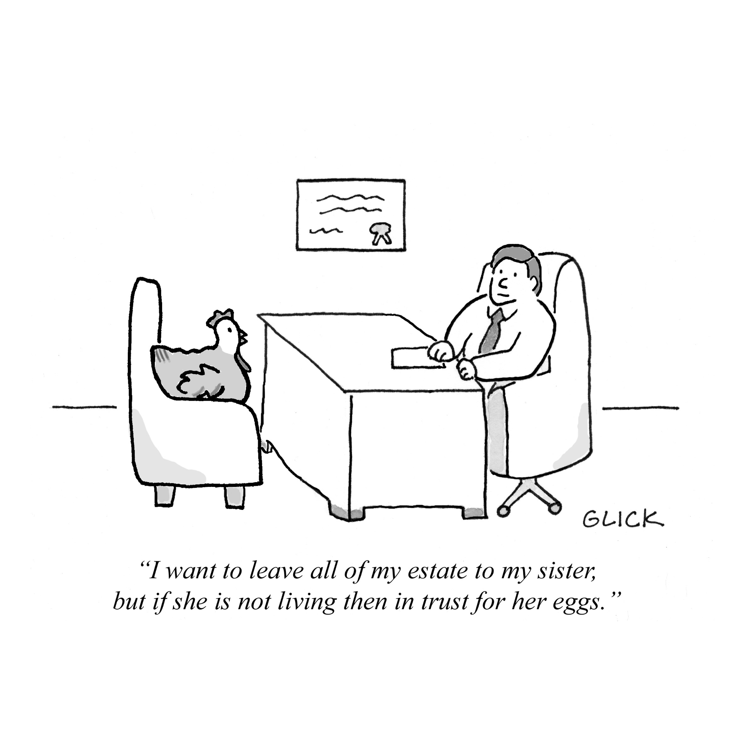 A simple line drawing depicts a person sitting at a desk with a computer, a chicken sitting on a chair next to the person, and a framed certificate or picture on the wall behind them.
