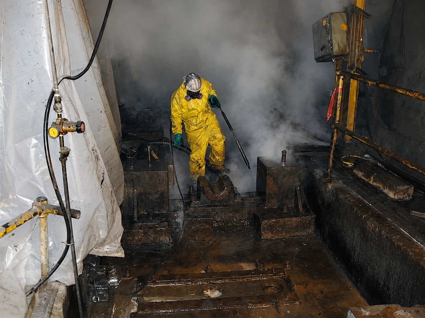 A worker wearing a yellow protective suit, gloves, helmet, and respirator is cleaning a fire-damaged industrial machine with a long-handled tool in a smoky environment.