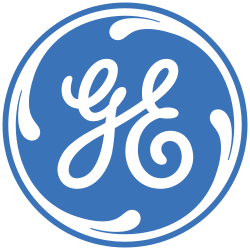 The logo of General Electric (GE), a stylized blue circle with a white cursive GE inside.