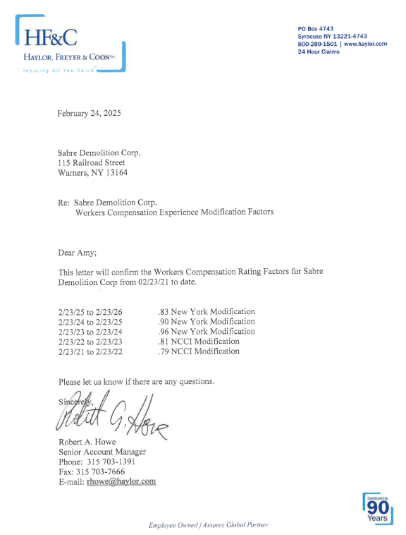 A letter from Haylor, Freyer & Coon, dated February 24, 2025, addressed to Sabre Demolition Corp regarding Workers Compensation Experience Modification Factors, signed by Robert A. Howe.