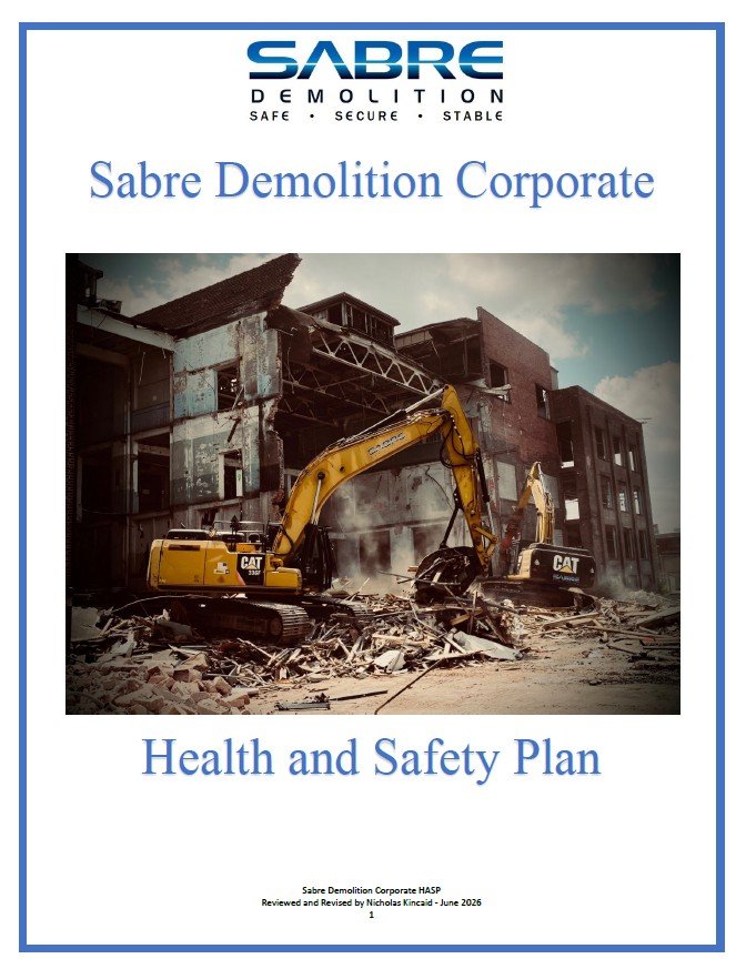 Cover page of Sabre Demolition Corporate's Health and Safety Plan, featuring a bulldozer demolishing a building.
