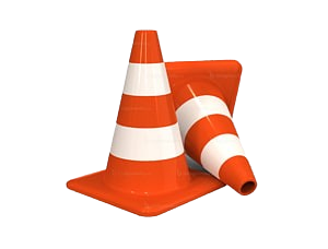 Two orange and white traffic cones, one lying on its side and the other standing upright.