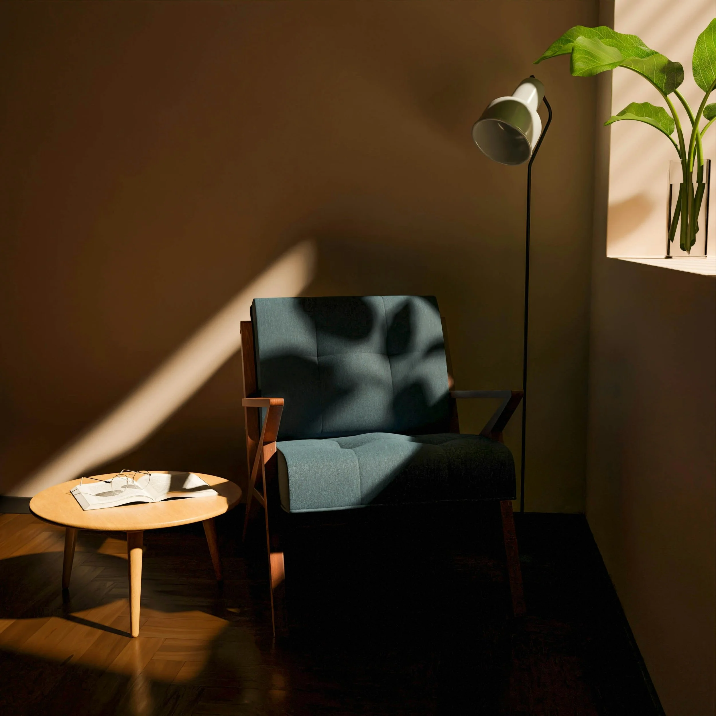 A cozy corner with a teal armchair, a wooden side table with an open book, a black floor lamp, and a potted plant near a window, with sunlight casting shadows.