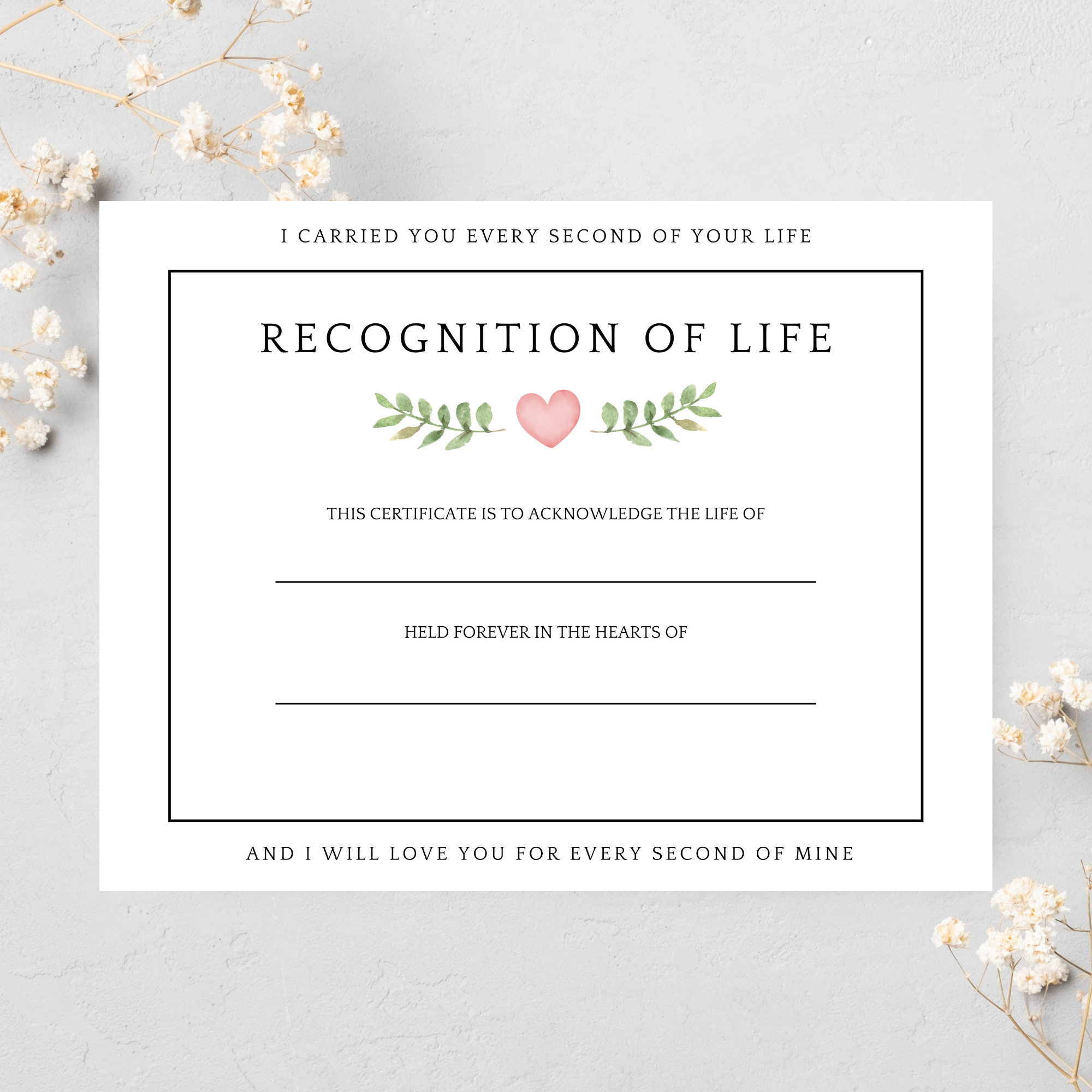 Recognition of Life Certificate: Watercolor Heart with Quote