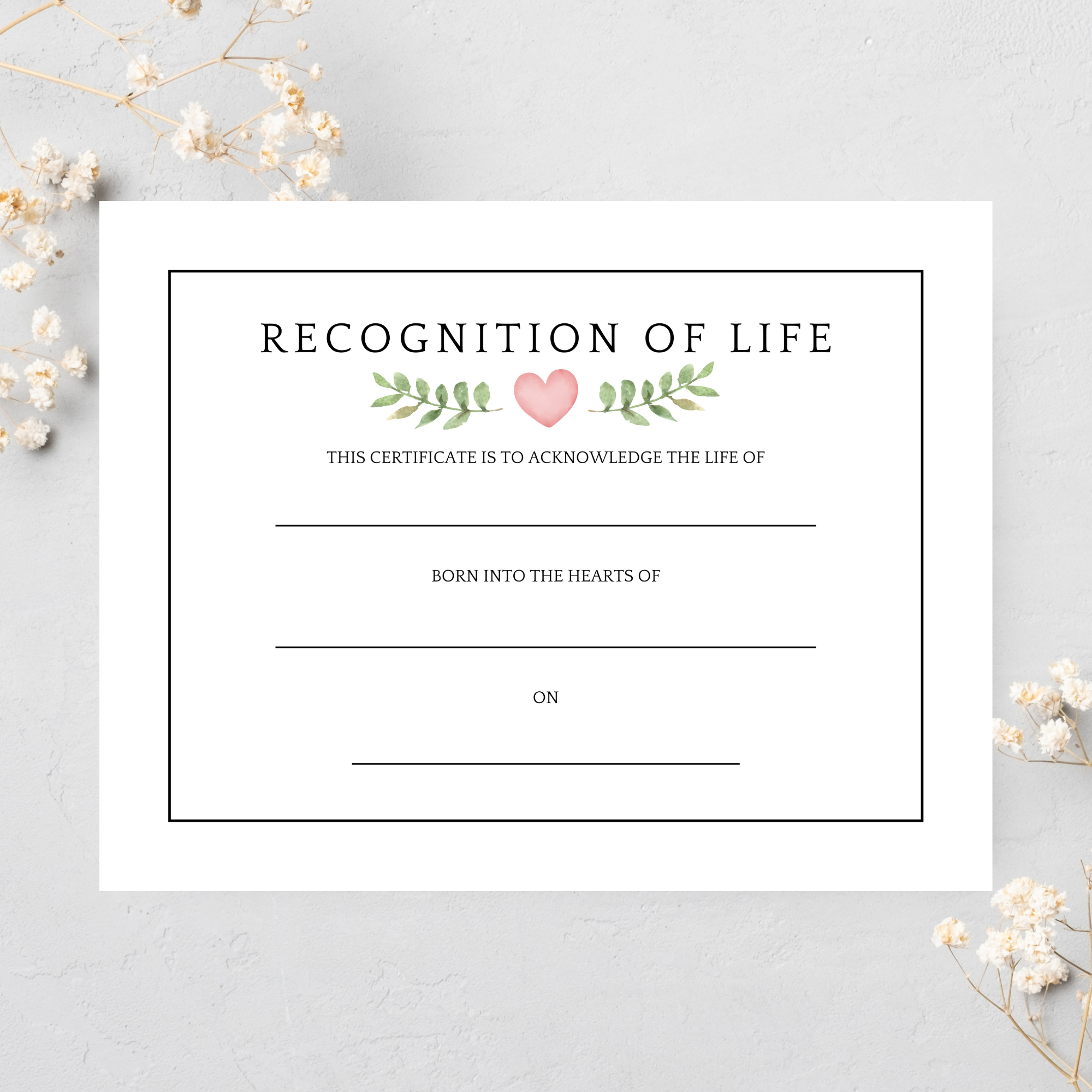 Recognition of Life Certificate: Watercolor Heart