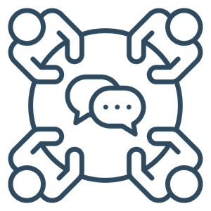A blue line drawing of a roundtable meeting