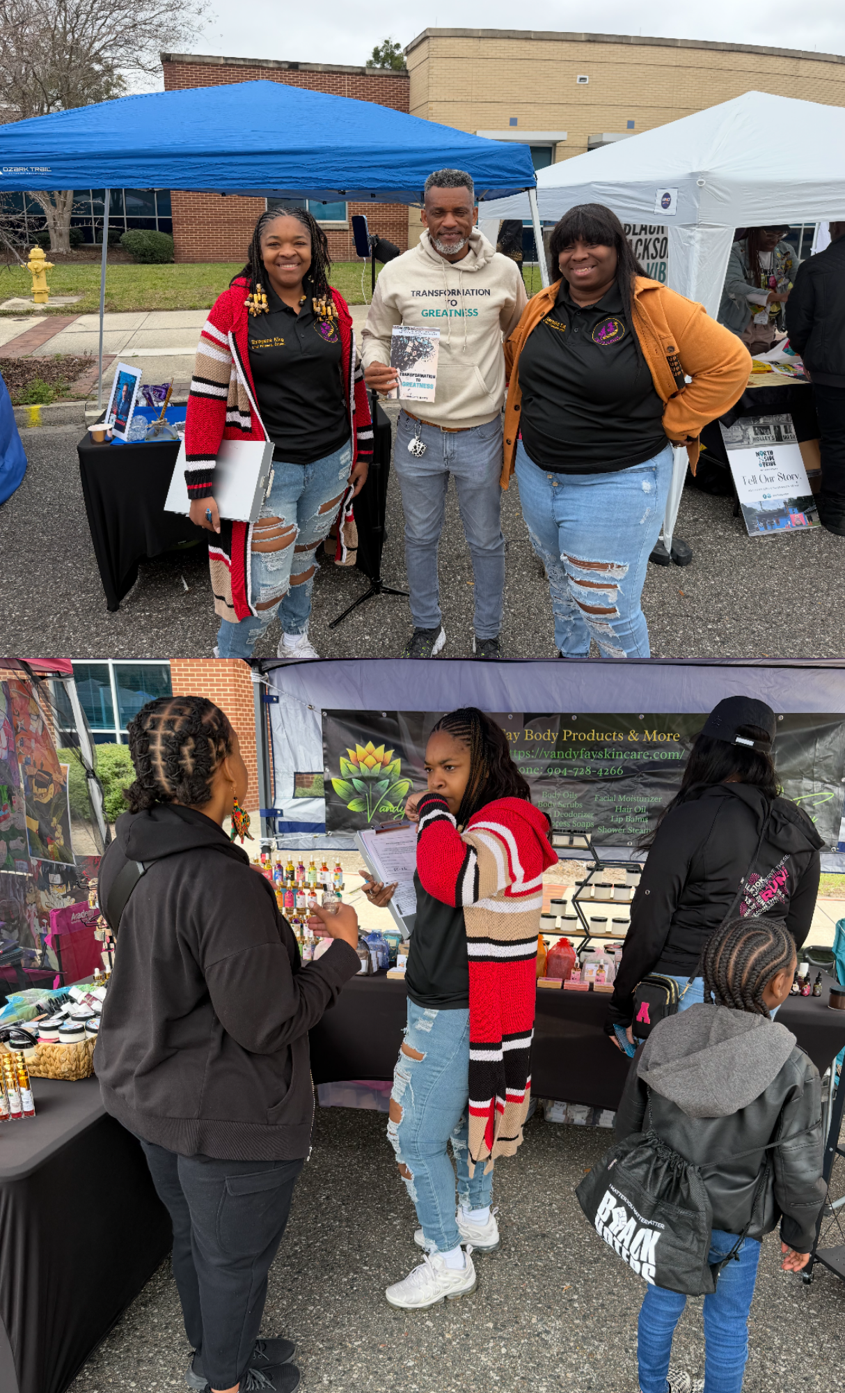 At an outdoor event with tents, three people are standing in front of the tents, smiling. The woman on the left is wearing a black shirt with a logo, ripped jeans, and a colorful cardigan. The man in the middle is holding a pamphlet, wearing a beige hoodie with text, and jeans. The woman on the right has a black shirt with a logo, ripped jeans, and a brown jacket.