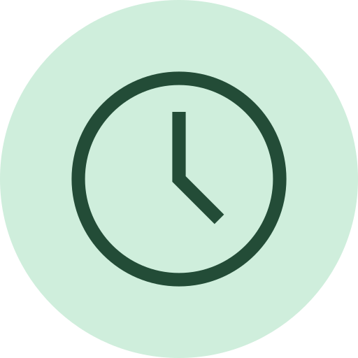 A simple clock icon with green outline on a light green circular background.
