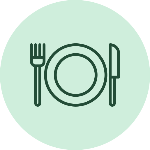 An icon of a fork on the left, a plate in the middle, and a knife on the right, all in a circular layout.