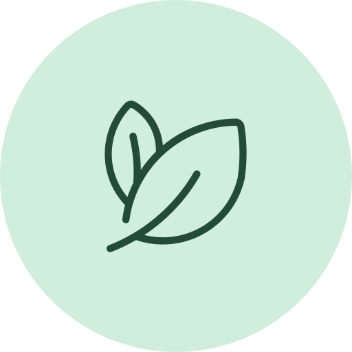 Simple line drawing of two leaves in green color on a light green circular background.