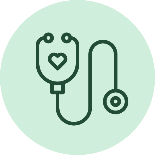 Line art icon of a stethoscope with a heart symbol on the chest piece, on a light green circular background.